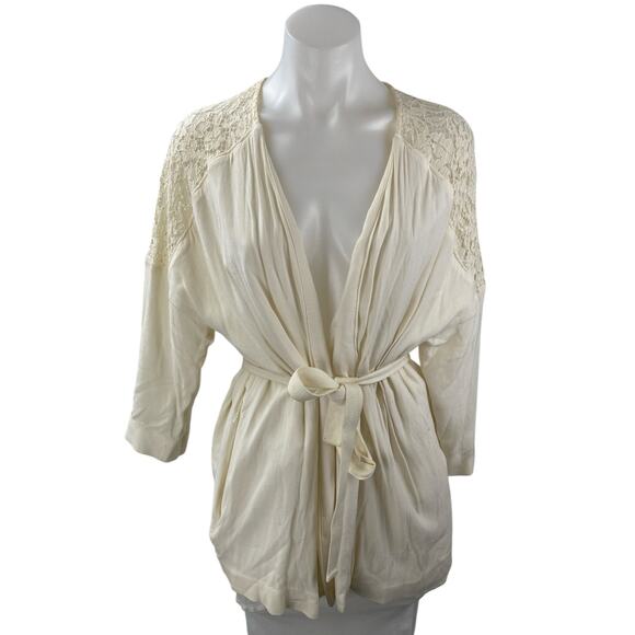 H&M Cream Floral Lace Long Sleeve Tie Belted Robe Cardigan Sweater Top Size S - Picture 1 of 4